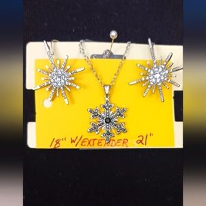 Snowflake necklace silver w/black stones and snowflake earrings pierced silver